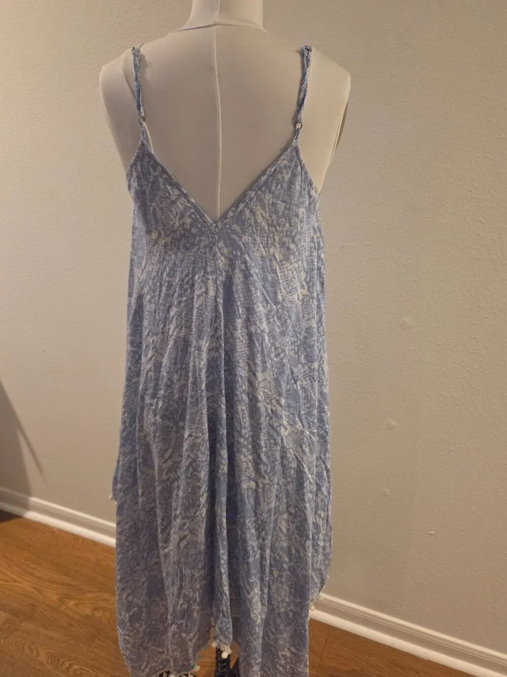 Blue & White Printed Boho Handkerchief Hem Dress Size Large